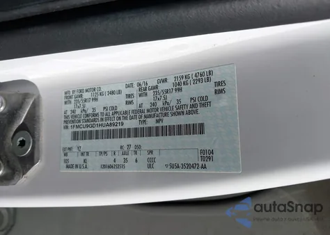 2017 Ford Escape Se из США, поврежденный, VIN 1FMCU9GD1HUA89219